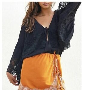 Free‎ People Intimates Black Lace Trimmed Bell Sleeve Boho Bodysuit Size L